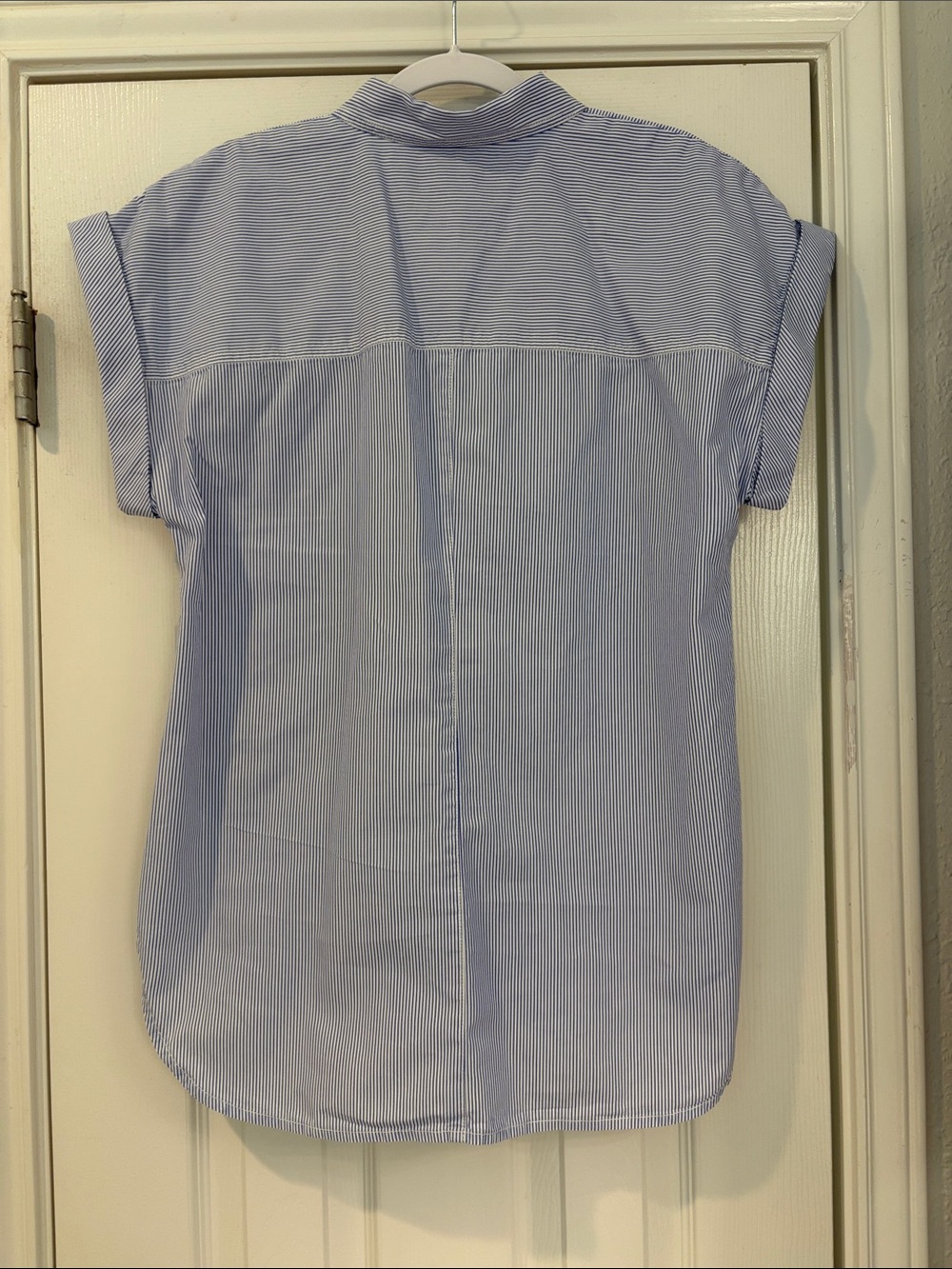 J. Crew Blue White Pinstripe Cap-Sleeve Button Shirt - Picture 2 of 15